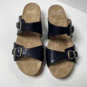 Dansko Shoes Womens Size 40 Leeann Black Wedge Slide Sandals Buckle Comfort